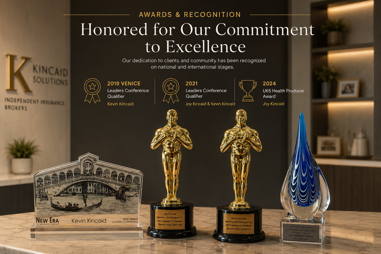Kincaid Solutions recognition display — the 2019 Venice plaque awarded to Kevin Kincaid, two 2021 Leaders Conference trophies for Joy and Kevin Kincaid, and the 2024 U65 Health Producer glass award for Joy Kincaid, arranged on the agency's counter.