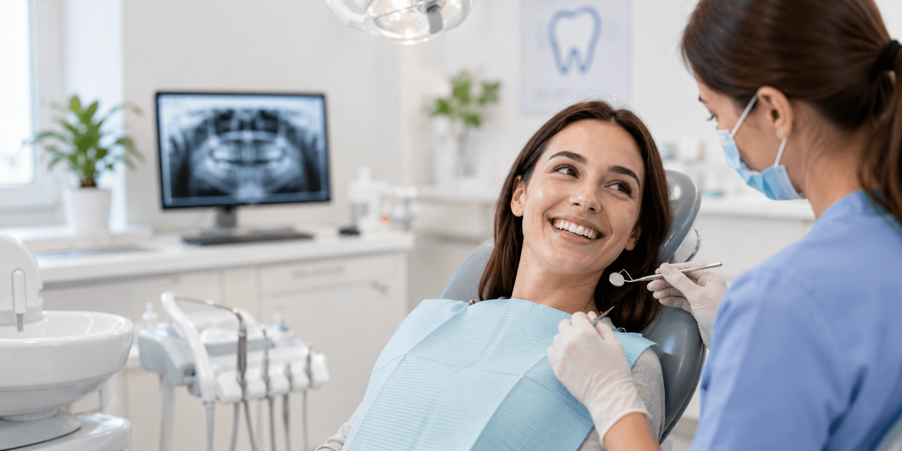 A woman receiving routine dental care in a warm, natural setting