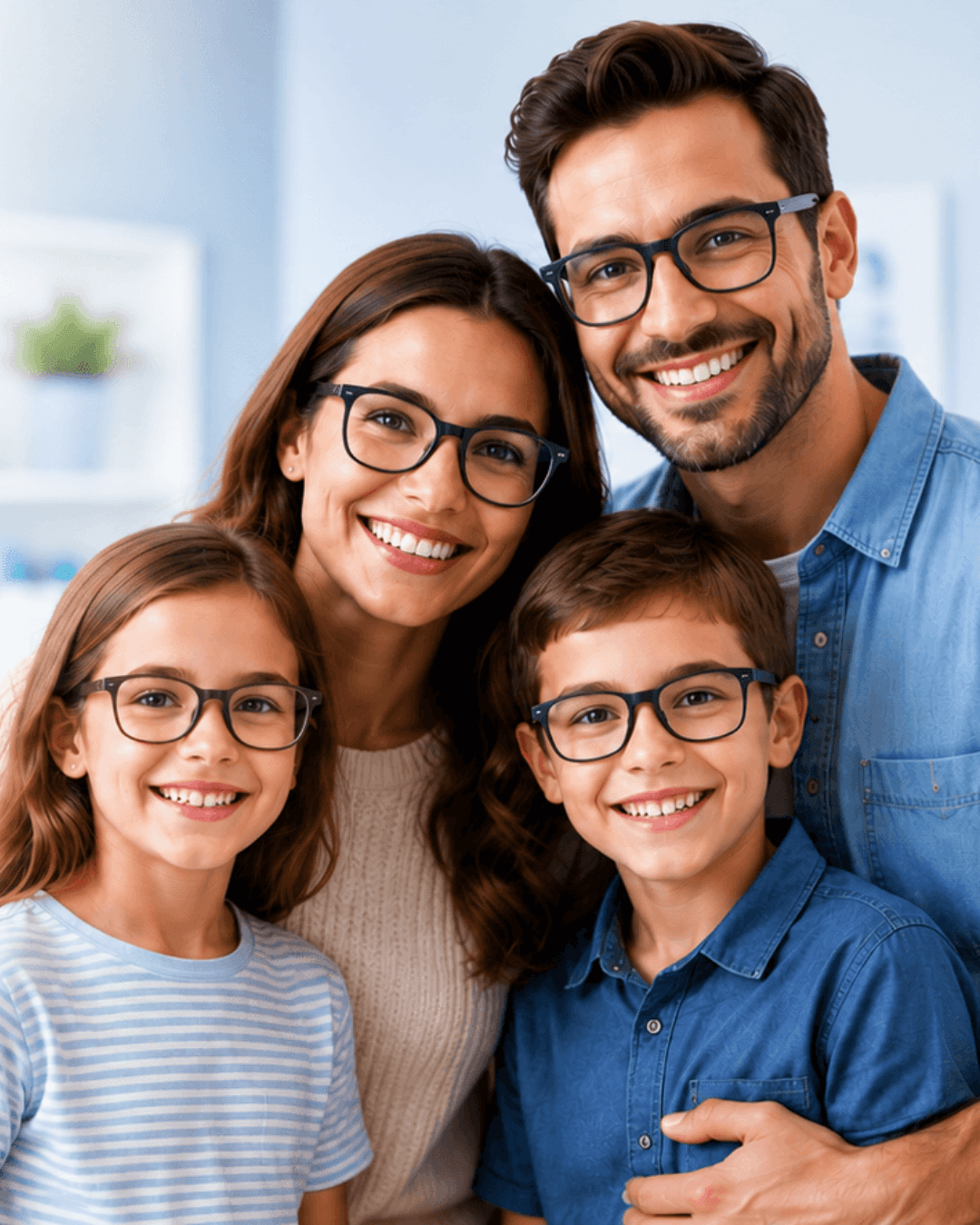 A family at home, representing households evaluating dental and vision coverage