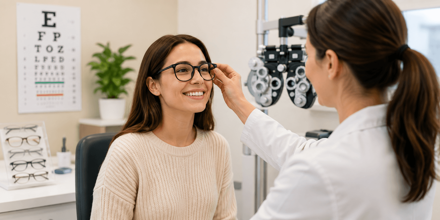 A person wearing prescription eyeglasses at home, representing routine vision care